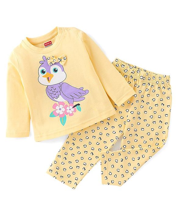 Babyhug Cotton Knit Full Sleeves Owl Printed Night Suit - Yellow