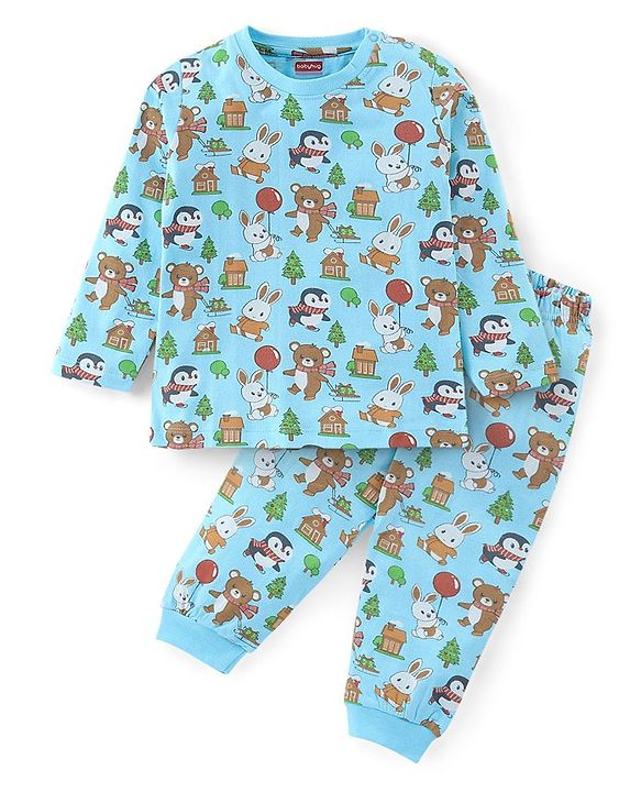 Babyhug Cotton Knit Full Sleeves Night Suit Teddy & Bunny Print - Blue