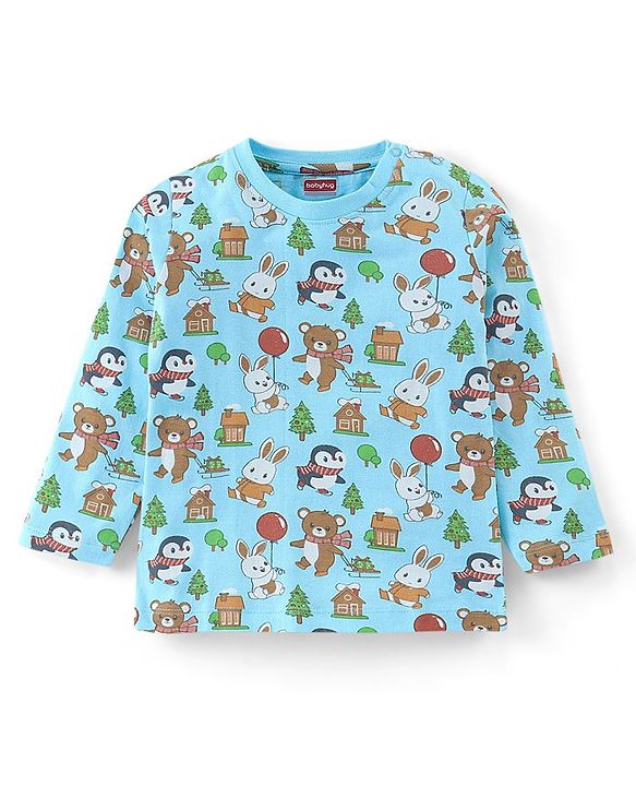 Babyhug Cotton Knit Full Sleeves Night Suit Teddy & Bunny Print - Blue