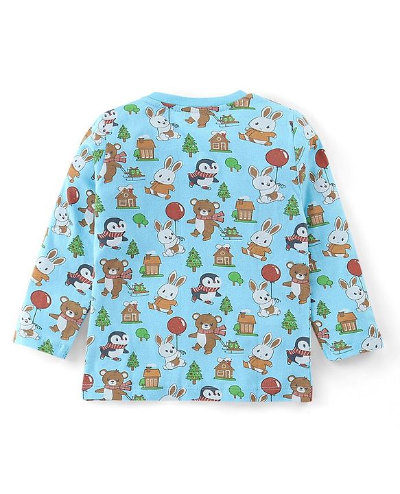 Babyhug Cotton Knit Full Sleeves Night Suit Teddy & Bunny Print - Blue