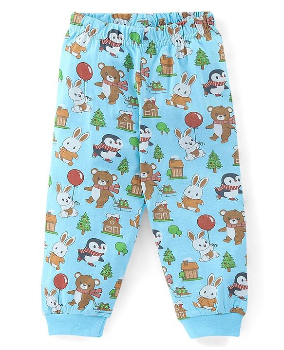 Babyhug Cotton Knit Full Sleeves Night Suit Teddy & Bunny Print - Blue