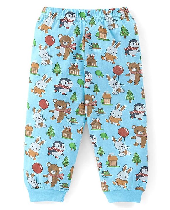 Babyhug Cotton Knit Full Sleeves Night Suit Teddy & Bunny Print - Blue
