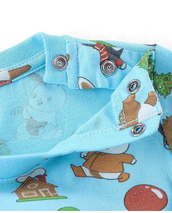 Babyhug Cotton Knit Full Sleeves Night Suit Teddy & Bunny Print - Blue