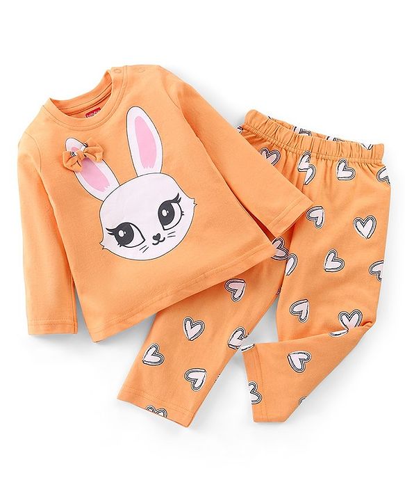 Babyhug Cotton Knit Full Sleeves T-Shirt & Pyjama Set Marie Print & Bow Applique - Orange