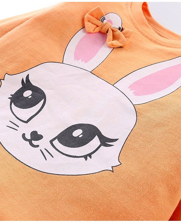 Babyhug Cotton Knit Full Sleeves T-Shirt & Pyjama Set Marie Print & Bow Applique - Orange