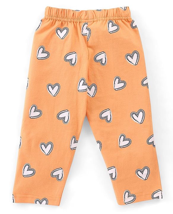 Babyhug Cotton Knit Full Sleeves T-Shirt & Pyjama Set Marie Print & Bow Applique - Orange