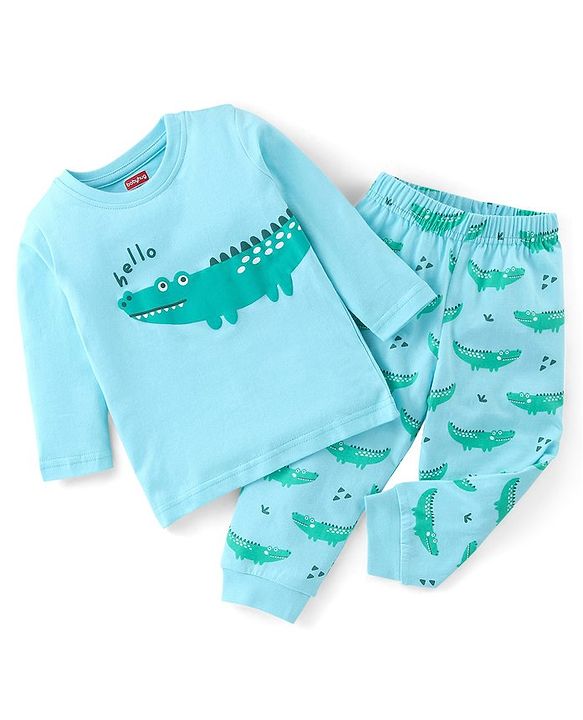 Babyhug Cotton Knit Single Jersey Full Sleeves Night Suit With Crocodile Print - Blue