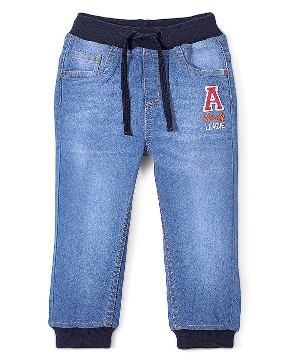 Babyhug Denim Cotton Elastane Full Length Jogger With Stretch Text Embroidery - Blue