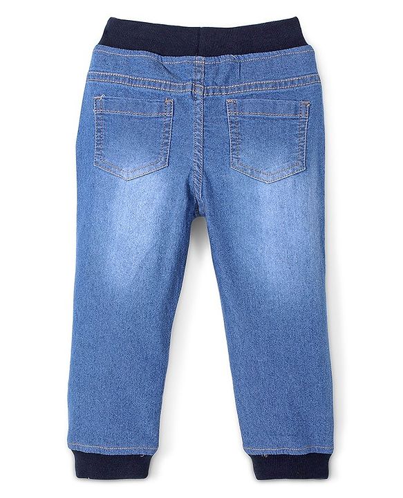 Babyhug Denim Cotton Elastane Full Length Jogger With Stretch Text Embroidery - Blue