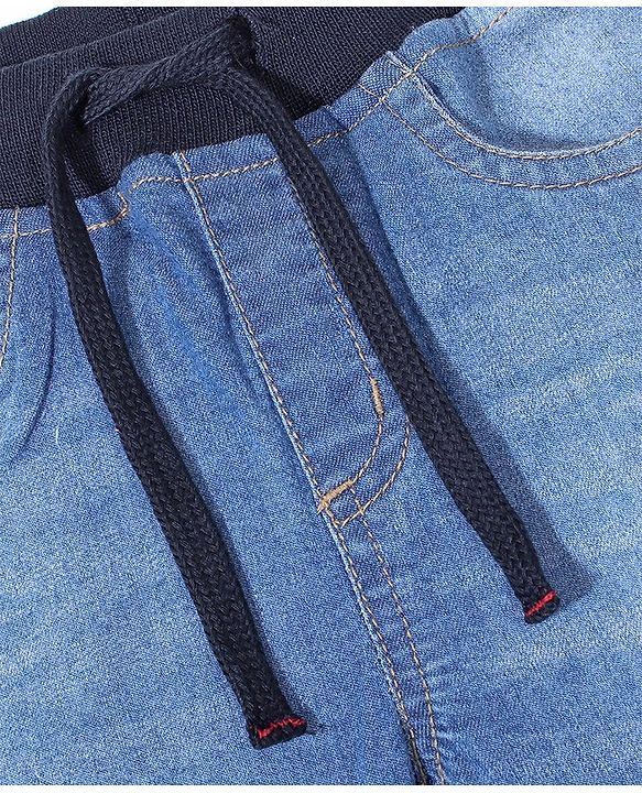 Babyhug Denim Cotton Elastane Full Length Jogger With Stretch Text Embroidery - Blue