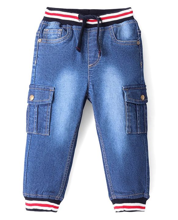 Babyhug Denim Full Length Jogger With Stretch Solid Colour - Blue