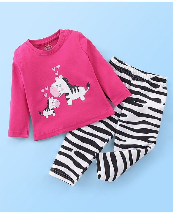 Babyhug Cotton Knit Full Sleeves Night Suit Zebra Print - Pink