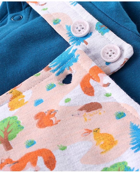 Babyhug Cotton Knit Fox Printed Dungaree with Full Sleeves Solid Colour T-Shirt - Blue & Offwhite