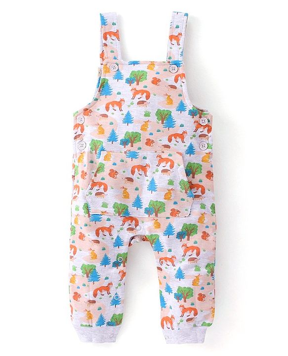 Babyhug Cotton Knit Fox Printed Dungaree with Full Sleeves Solid Colour T-Shirt - Blue & Offwhite