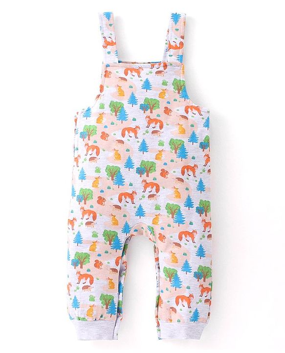 Babyhug Cotton Knit Fox Printed Dungaree with Full Sleeves Solid Colour T-Shirt - Blue & Offwhite