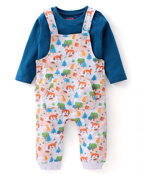 Babyhug Cotton Knit Fox Printed Dungaree with Full Sleeves Solid Colour T-Shirt - Blue & Offwhite