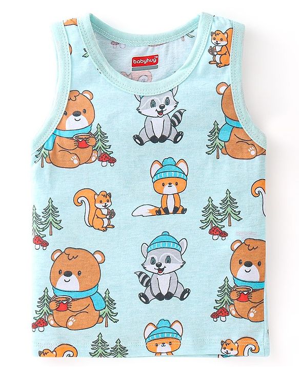 Babyhug 100% Cotton Knit Sleeveless Antibacterial Bear Print Sando Pack of 3 - Multicolour