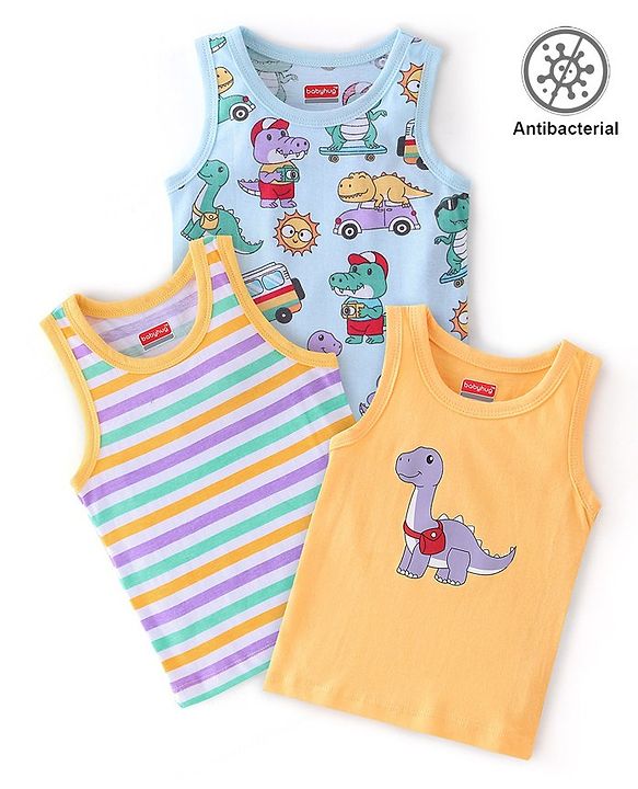 Babyhug 100% Cotton Knit Antibacterial Sleeveless Sando Dino Print Pack of 3 - Multicolour