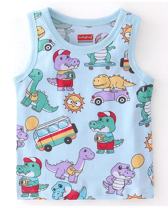 Babyhug 100% Cotton Knit Antibacterial Sleeveless Sando Dino Print Pack of 3 - Multicolour
