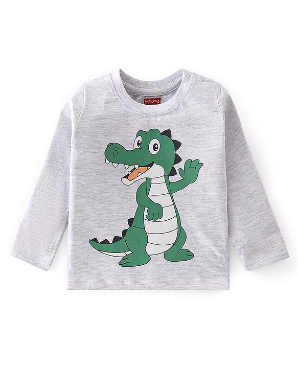 Babyhug 100% Cotton Knit Full Sleeves T-Shirt with Dino Graphics - White