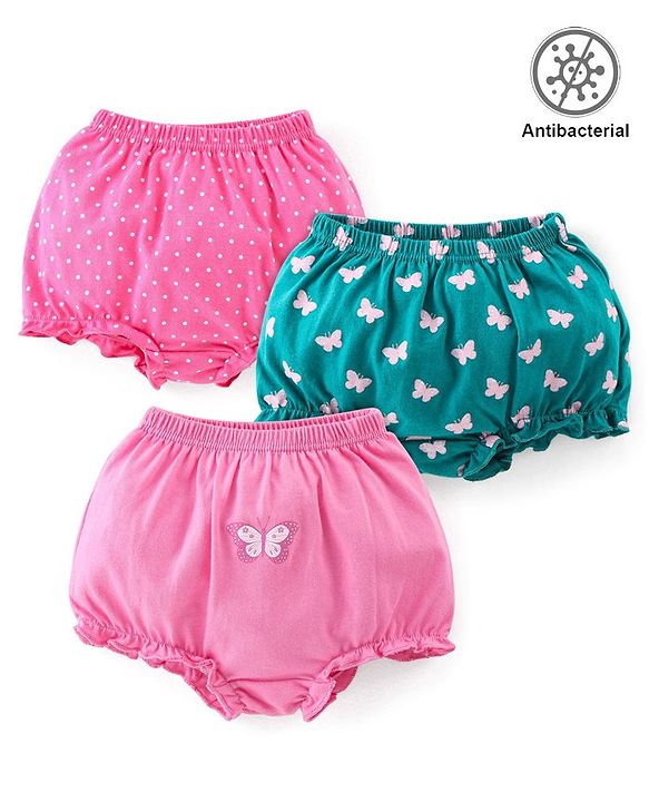 Babyhug 100% Cotton Antibacterial Bloomers Pack of 3 Butterfly Print - Pink & Green