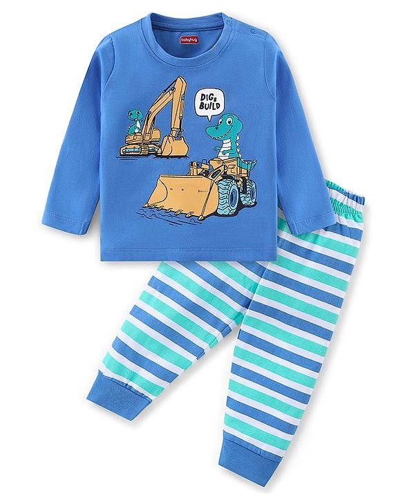 Babyhug Cotton Knit Full Sleeves Night Suit Dino Print - Blue