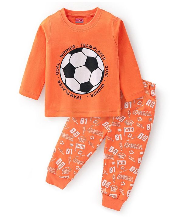 Babyhug Cotton Knit Full Sleeves Soccer Printed Night Suit - Orange