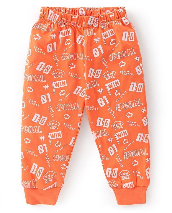 Babyhug Cotton Knit Full Sleeves Soccer Printed Night Suit - Orange