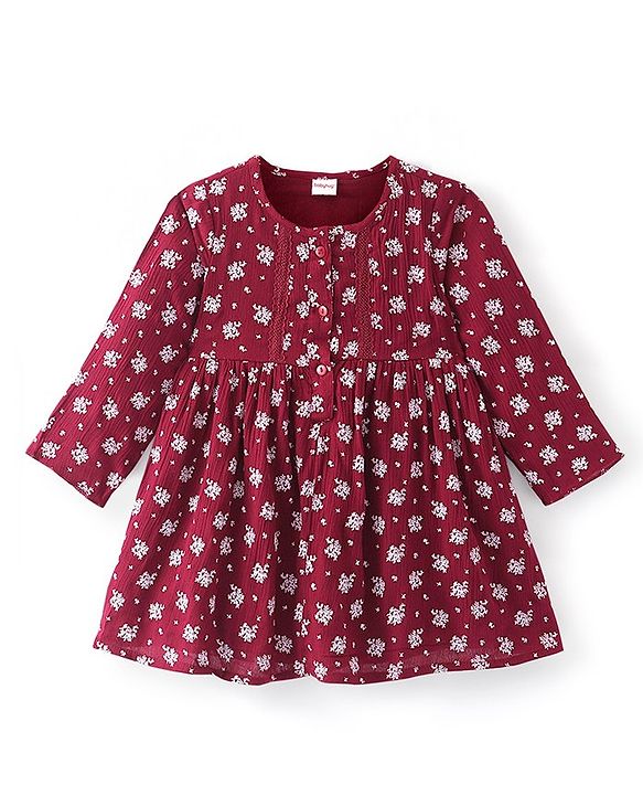 Babyhug Rayon Full Sleeves Frock with Floral Print - Maroon