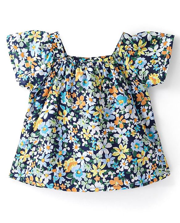 Babyhug 100% Rayon Half Sleeves Top Floral Printed with Back Bow Detailing - Blue