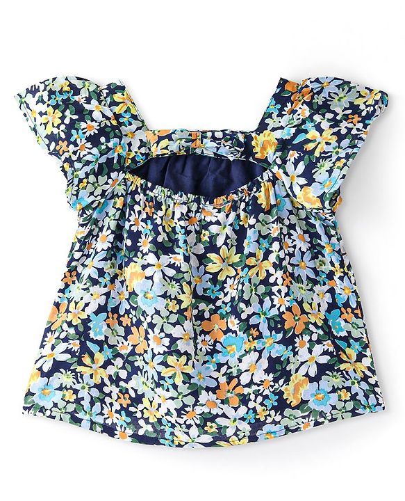 Babyhug 100% Rayon Half Sleeves Top Floral Printed with Back Bow Detailing - Blue