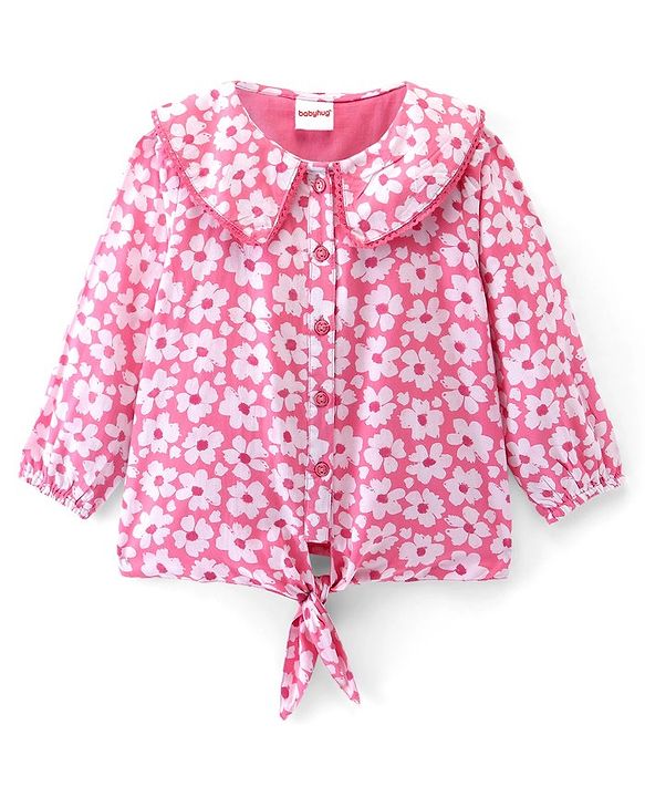 Babyhug 100% Rayon Woven Full Sleeves Floral  Printed Top with Frill & Lace Detailing - Pink