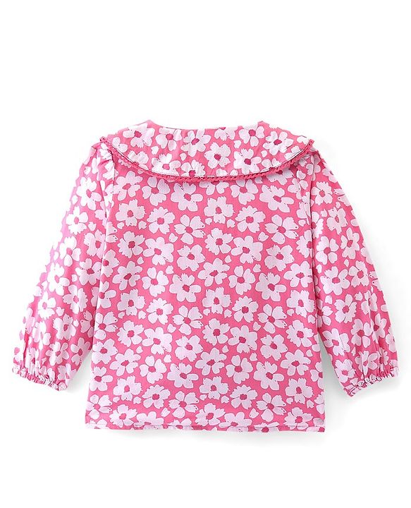 Babyhug 100% Rayon Woven Full Sleeves Floral  Printed Top with Frill & Lace Detailing - Pink