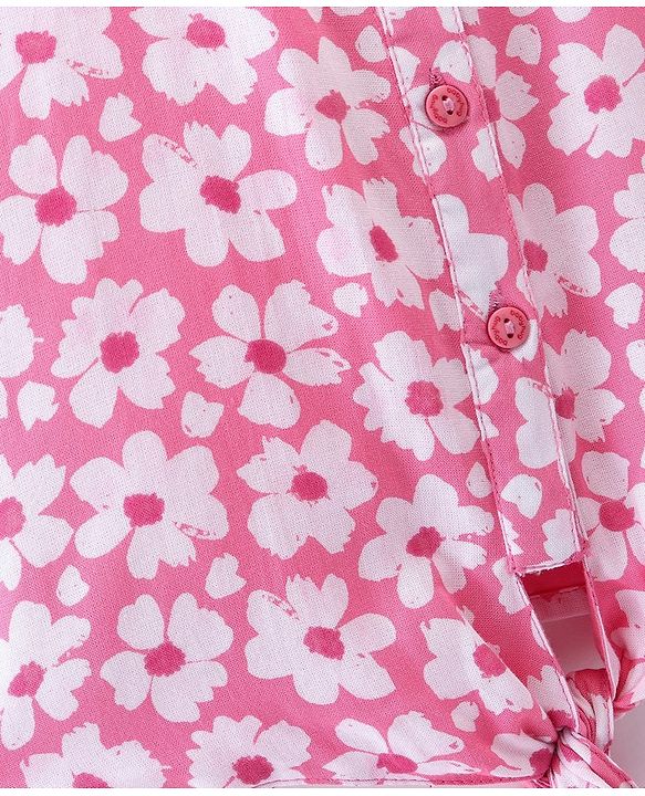 Babyhug 100% Rayon Woven Full Sleeves Floral  Printed Top with Frill & Lace Detailing - Pink