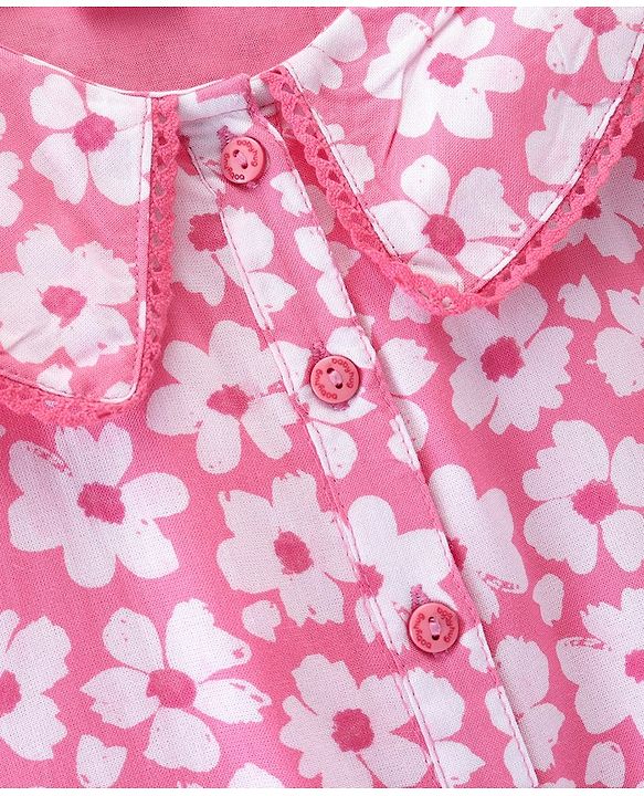 Babyhug 100% Rayon Woven Full Sleeves Floral  Printed Top with Frill & Lace Detailing - Pink