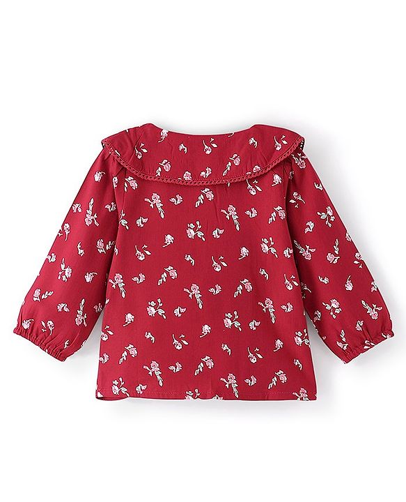 Babyhug 100% Rayon Woven Full Sleeves Top With Peterpan Collar Frill & Lace Detailing Floral Print - Maroon