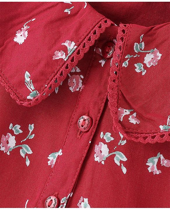 Babyhug 100% Rayon Woven Full Sleeves Top With Peterpan Collar Frill & Lace Detailing Floral Print - Maroon