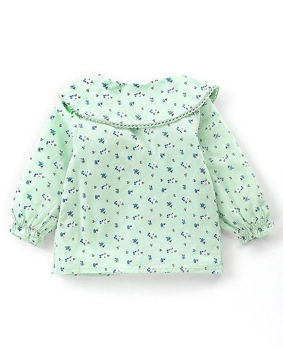 Babyhug Rayon Woven Full Sleeves Floral Printed with Frill & Lace Detailing Top - Mint