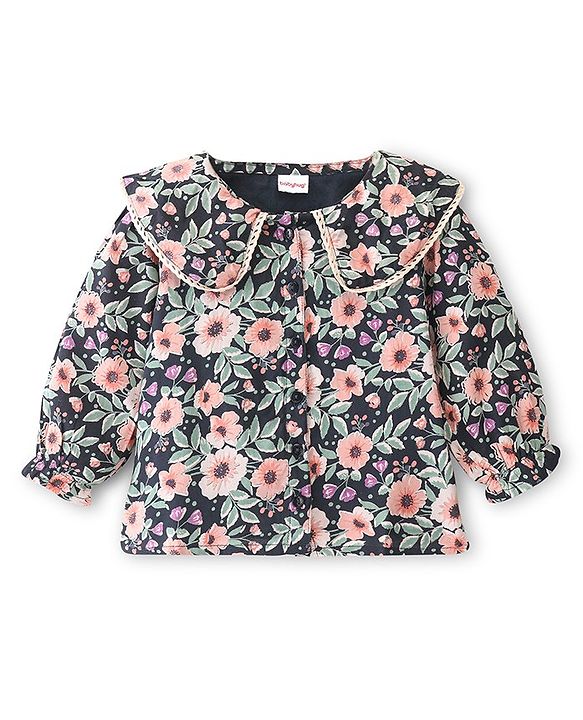 Babyhug Rayon Woven Full Sleeves Floral Printed with Lace & Frill Detailing Top - Navy