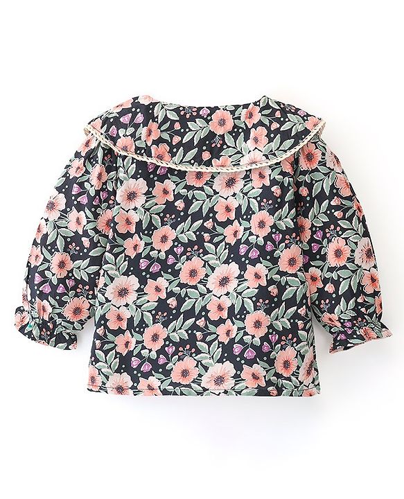 Babyhug Rayon Woven Full Sleeves Floral Printed with Lace & Frill Detailing Top - Navy