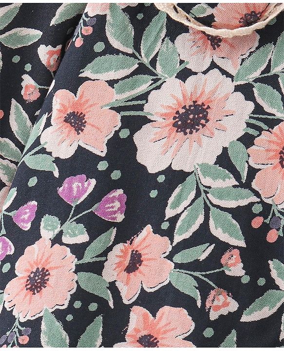 Babyhug Rayon Woven Full Sleeves Floral Printed with Lace & Frill Detailing Top - Navy