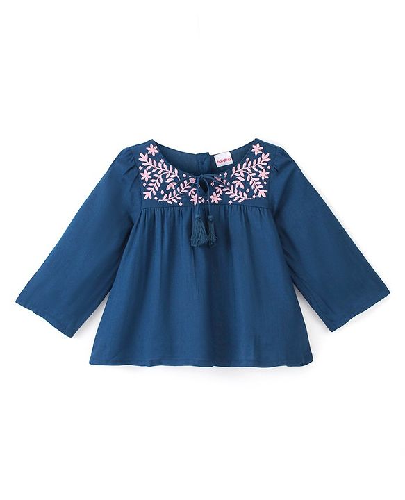 Babyhug 100% Rayon Woven  Full Sleeves Top with Leafy Embroidery & Tassel Detailing - Navy Blue