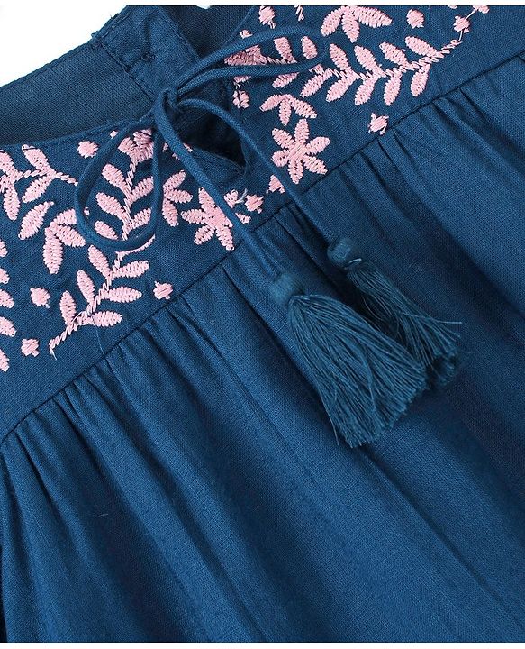 Babyhug 100% Rayon Woven  Full Sleeves Top with Leafy Embroidery & Tassel Detailing - Navy Blue