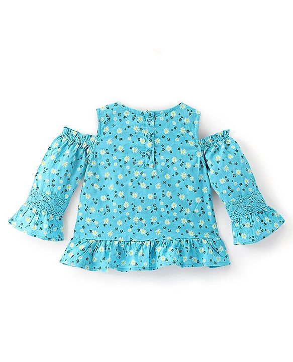 Babyhug Rayon Full Sleeves Cold Shoulder Floral Printed with Lace Detailing Top - Blue