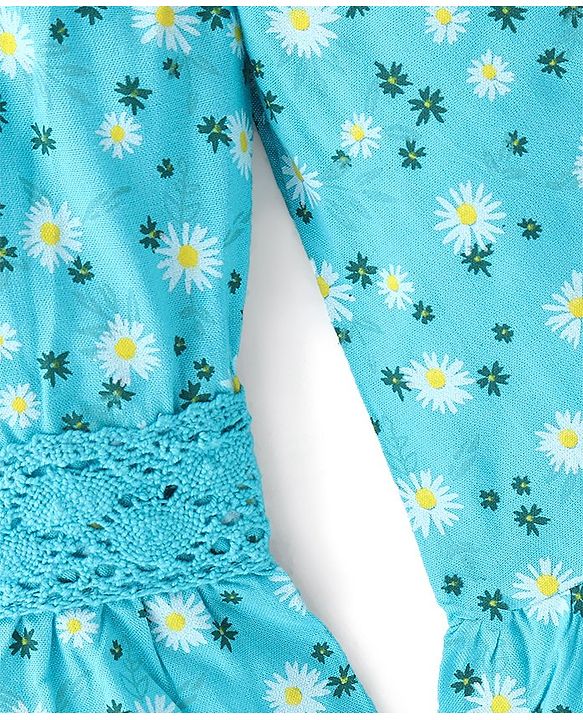 Babyhug Rayon Full Sleeves Cold Shoulder Floral Printed with Lace Detailing Top - Blue