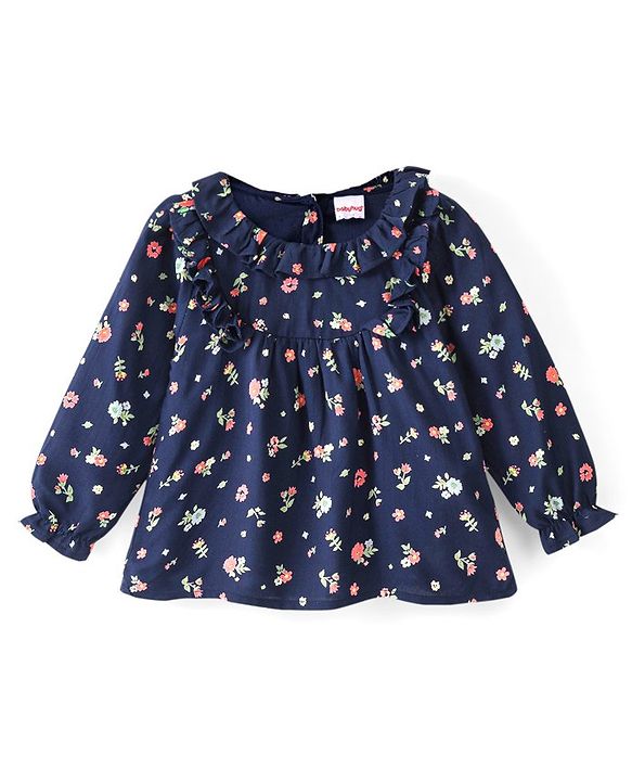 Babyhug Rayon Full Sleeves Floral Printed Top with Frill Detailing - Navy Blue