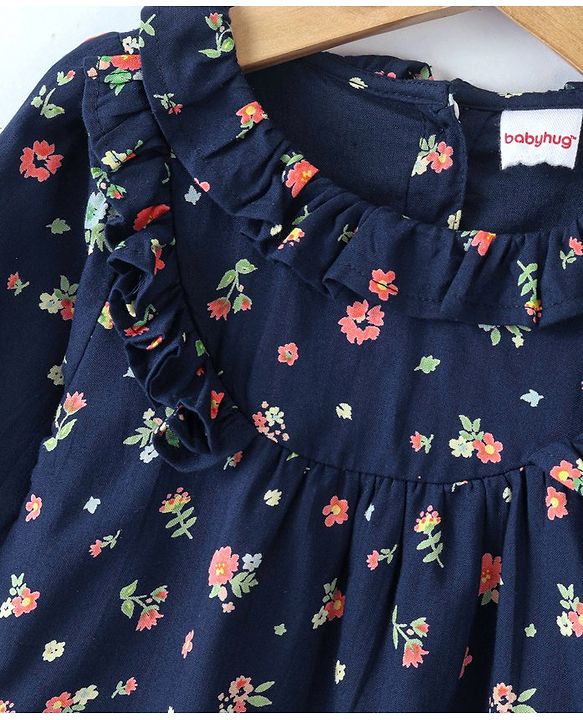 Babyhug Rayon Full Sleeves Floral Printed Top with Frill Detailing - Navy Blue