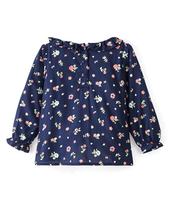 Babyhug Rayon Full Sleeves Floral Printed Top with Frill Detailing - Navy Blue