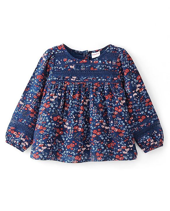 Babyhug 100% Rayon Woven Full Sleeves Floral Printed Top with Lace Detailing - Navy Blue