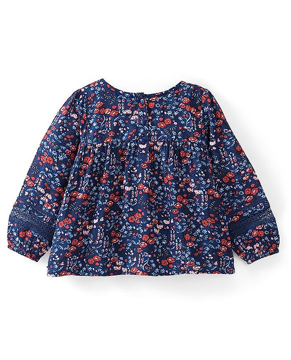 Babyhug 100% Rayon Woven Full Sleeves Floral Printed Top with Lace Detailing - Navy Blue